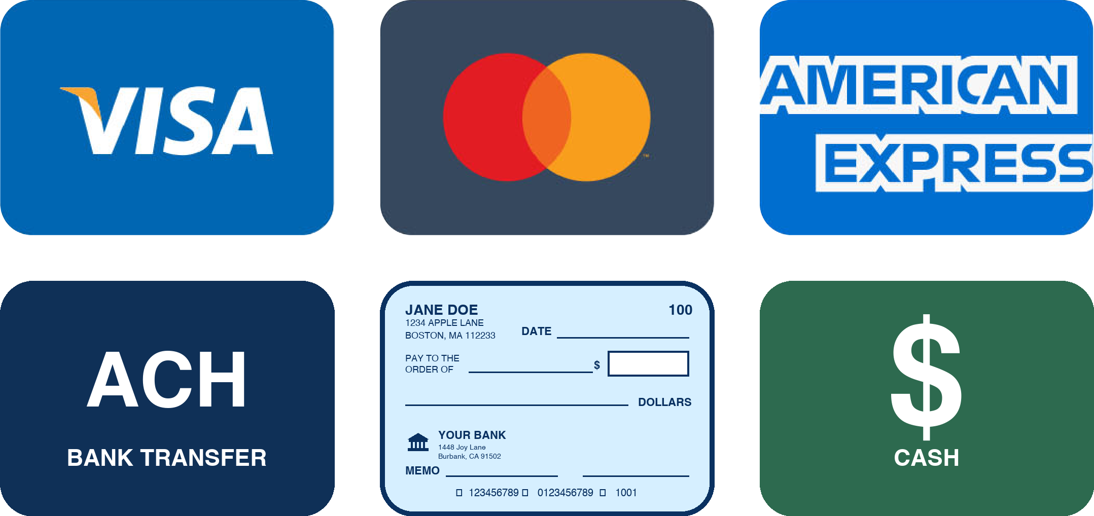 Accepted payment methods – cash, check, and major credit cards