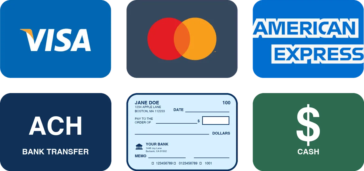 Accepted payment methods – cash, check, and major credit cards