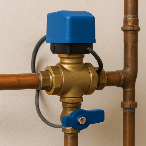 Automatic water shutoff valve installed on copper pipes to prevent water damage