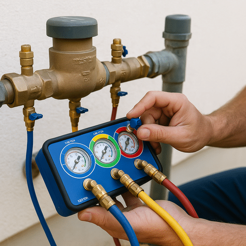 Plumber testing a backflow preventer with pressure gauges in San Francisco