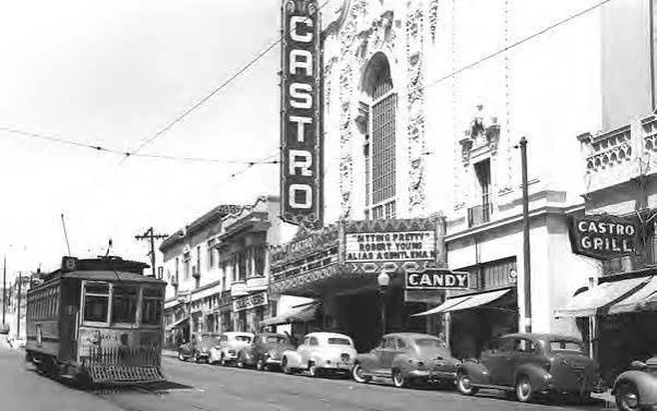 Historical photo of San Francisco's Castro District theater street scene in 1954