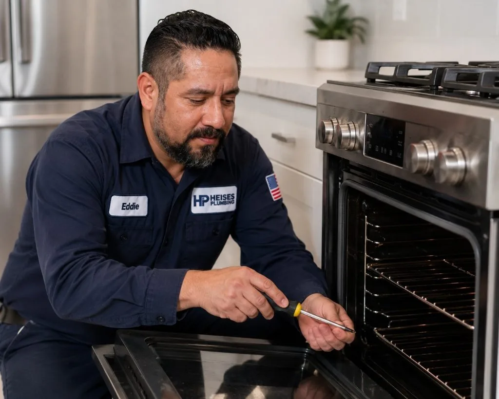 Heise's Plumbing technician Eddie repairing a stainless steel kitchen oven