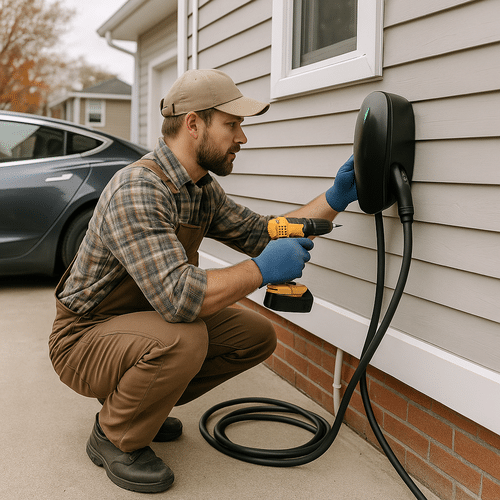 Electrician installing a home EV charging station on an exterior wall in San Francisco