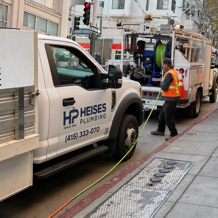 Technician operating hydro jetting equipment on San Francisco street