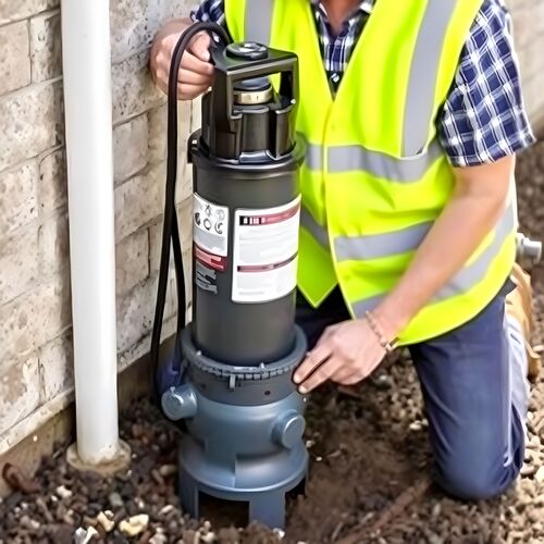 Technician installing a sewage ejector pump for below-grade plumbing in San Francisco