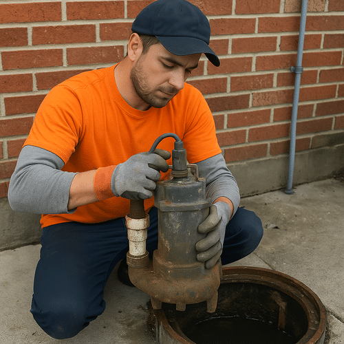 Plumber servicing a sewage lift station pump in San Francisco
