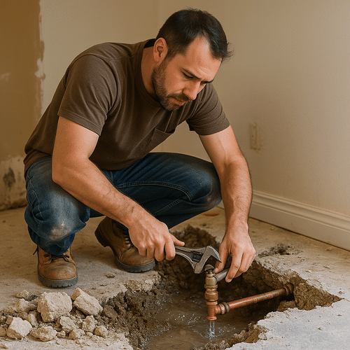 Plumber repairing a slab leak through a concrete floor in a San Francisco home