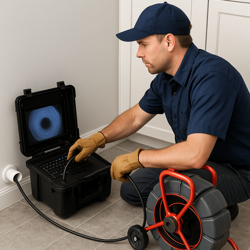 Plumber using video camera pipe inspection equipment to diagnose sewer line issues